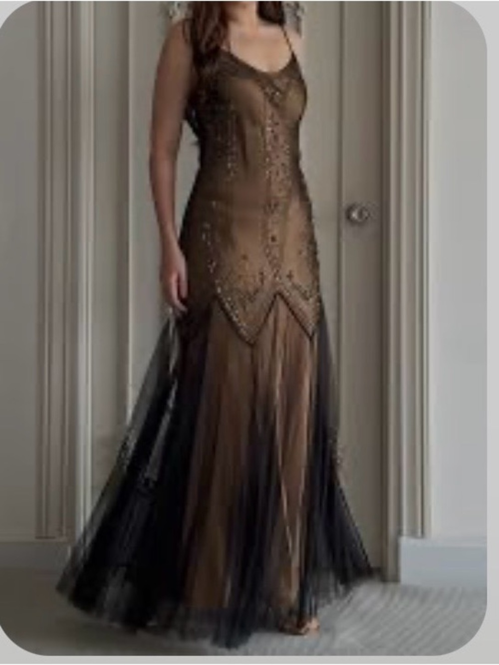 Vintage Dave & Johnny Gold With Black Mesh Beaded Maxi Dress 7/8
